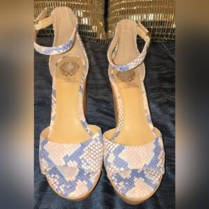 Blue and Cream Snakeskin Wedge Sandals